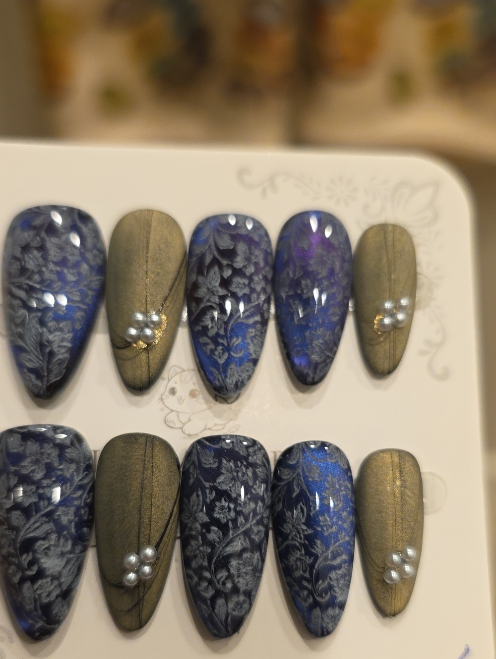 Deep Blue Floral & Gold Accent Press-On Nail  Size Large